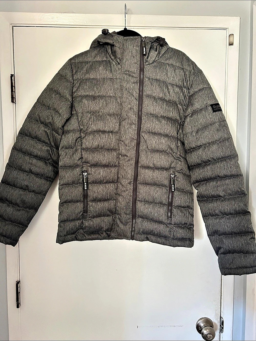 Superdry Double Zip Tweed Fuji Hooded Jacket Gray Puffer Size M